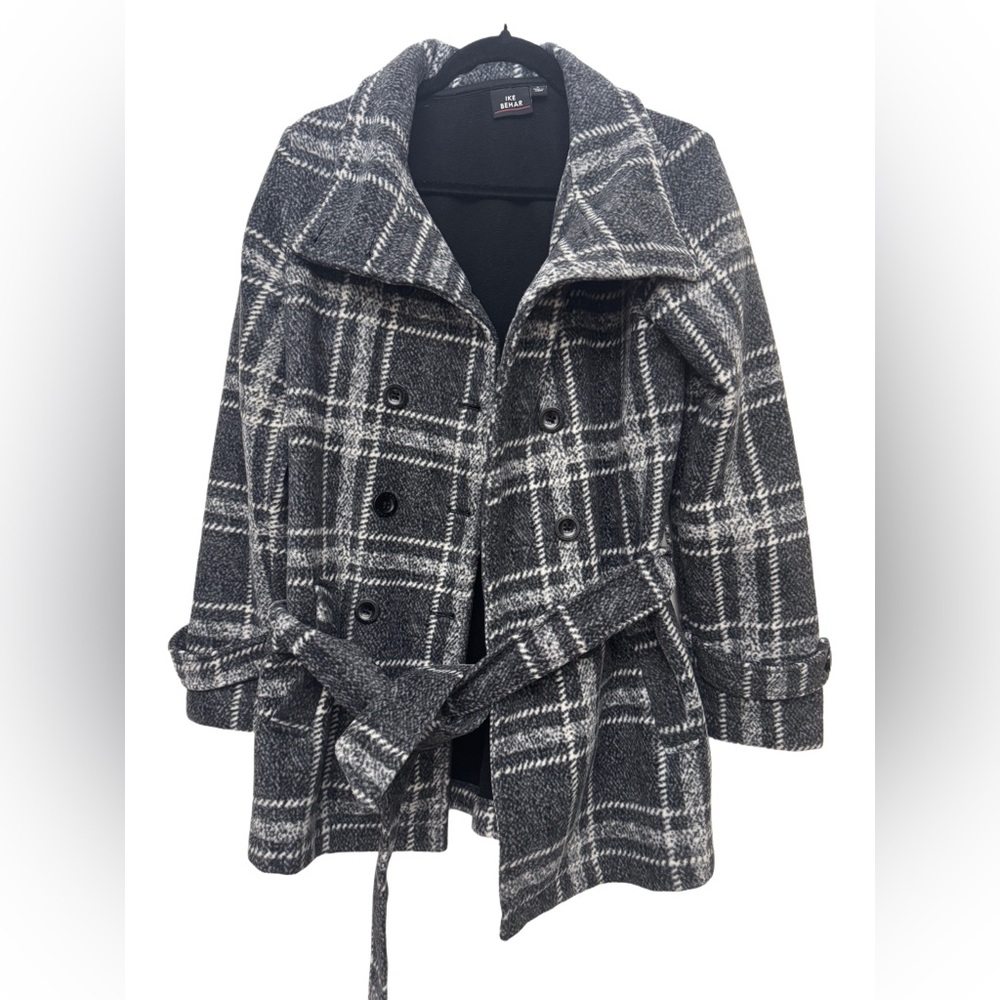 Ike Behar Black and Gray Trench Coat with Belt